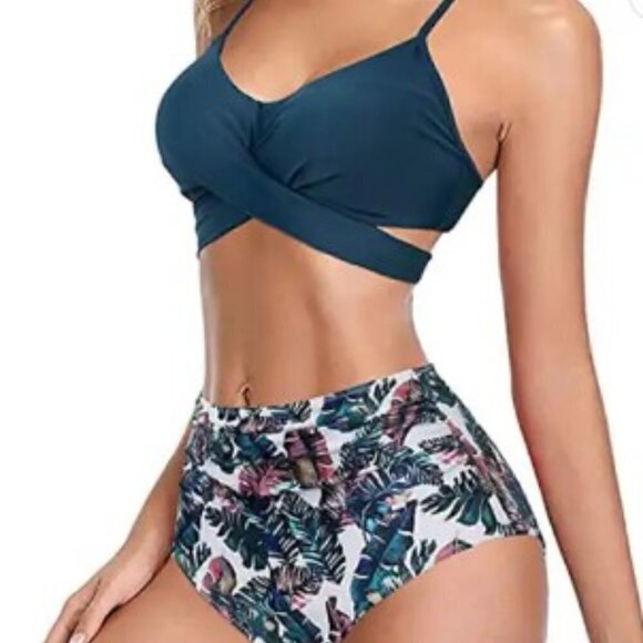 CRISS CROSS TROPICAL TWO-PIECE SEXY HIGH WAIST SWIMSUIT - Picture 2 of 12